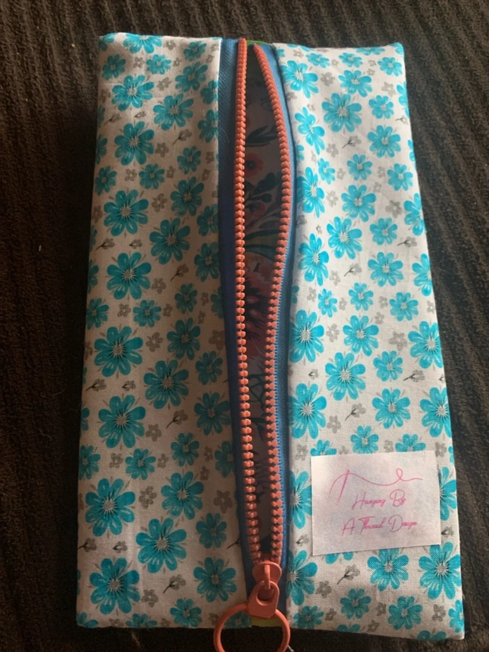 Floral Blue Cotton Pencil Case with Coral Zipper
